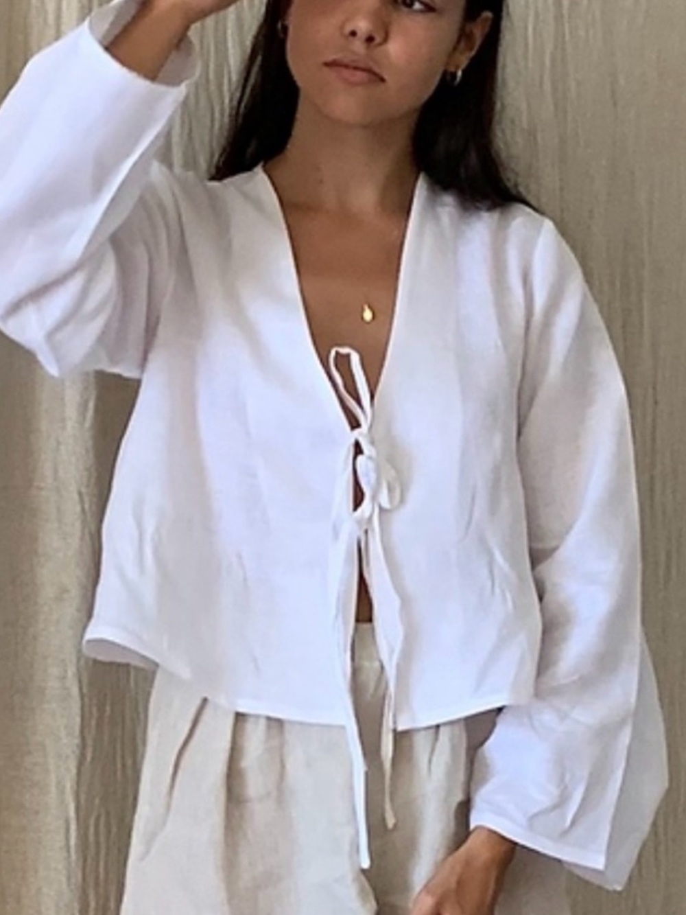 Relaxed White Tie-Front Linen Blouse